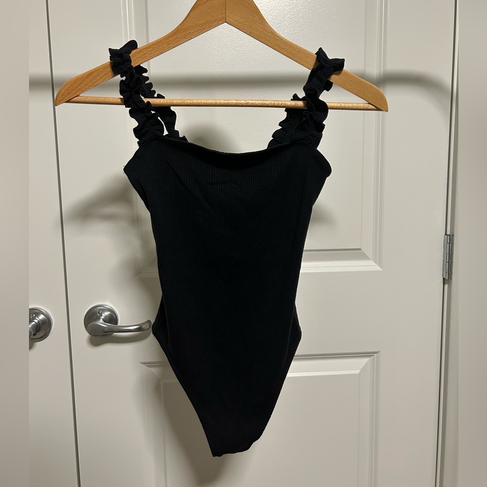 Sunday Best Black Ruffled Strap Ribbed Bodysuit